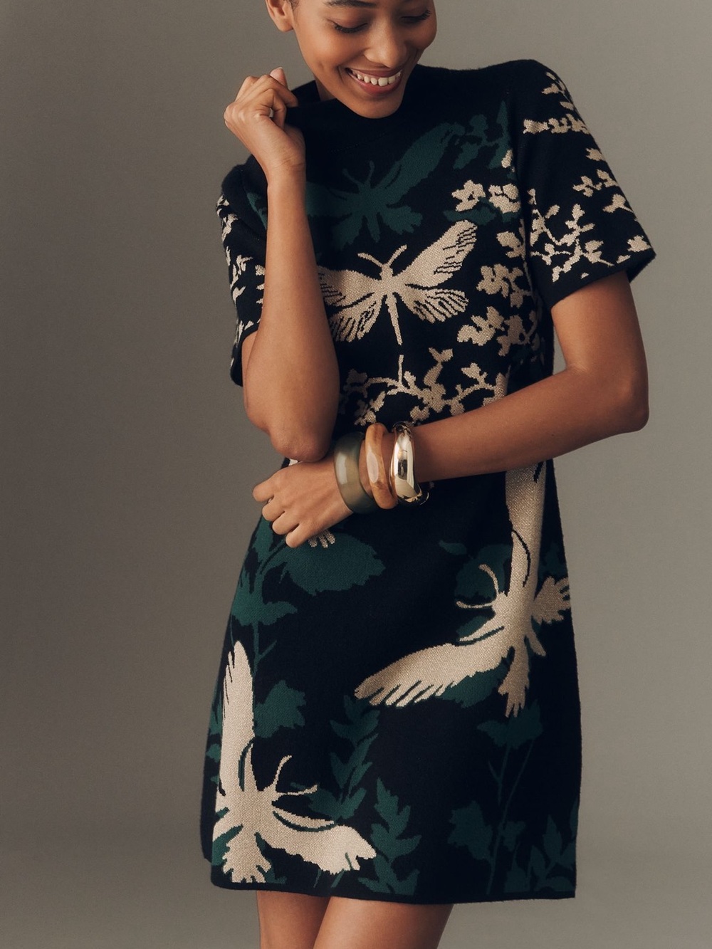 NWOT By Anthropologie Nina Mock Neck Sweater Mini Dress-Butterfly/Moth Print